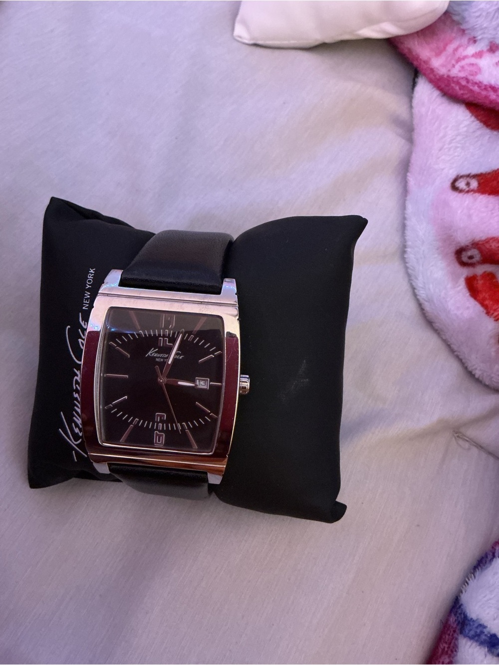 Kenneth Cole Silver Case Black Dial Leather Strap Watch